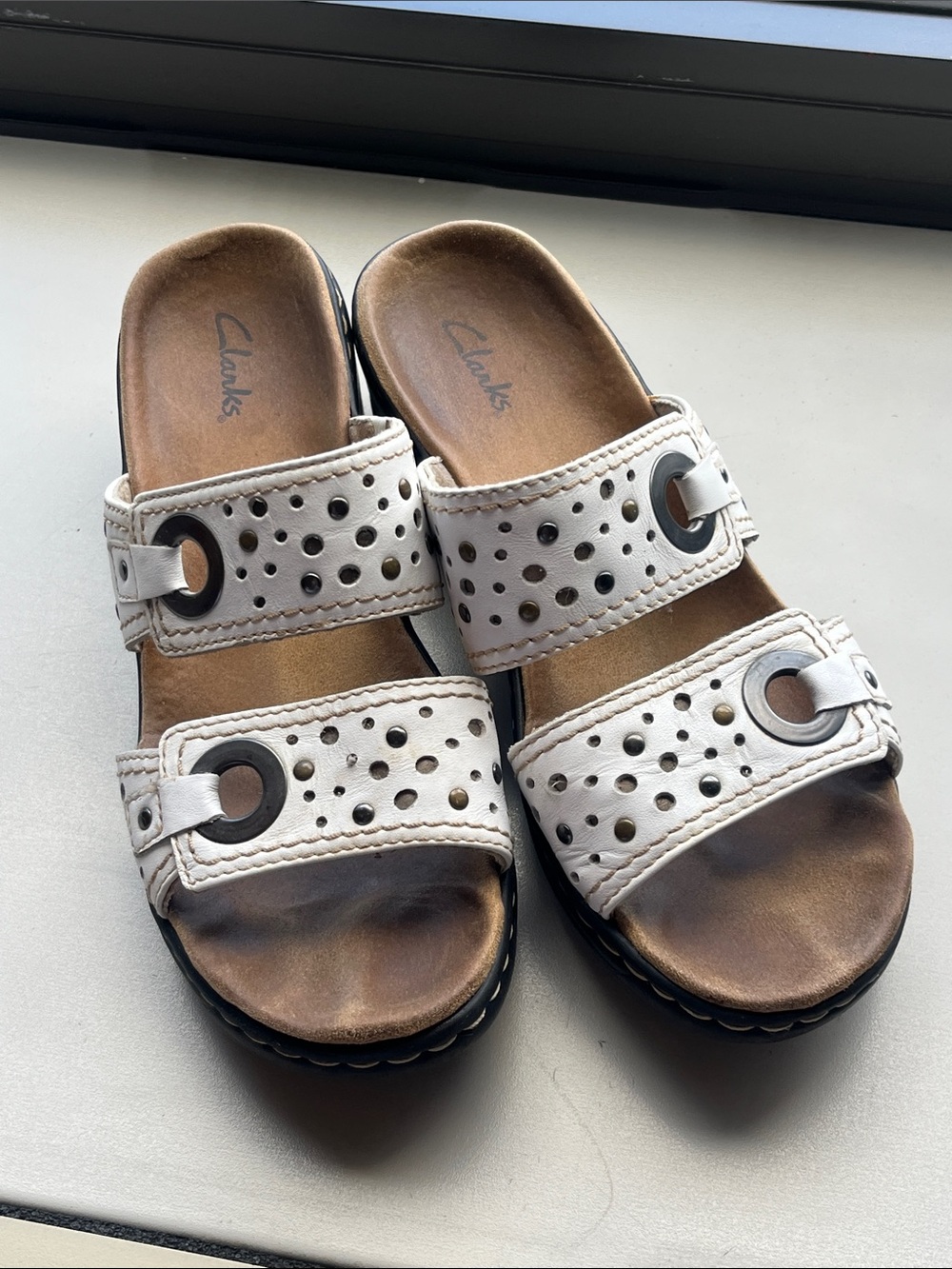 Clarks White Perforated Double-Strap Slide Sandals size 8